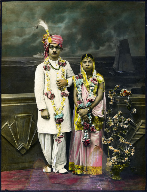 Unknown Photographer & Artist, 'Wedding Portrait of an Indian Couple', gelatin silver print and Watercolor, c. 1920-40, 203 x 153 mm., Courtesy of the Alkazi Collection of Photography.