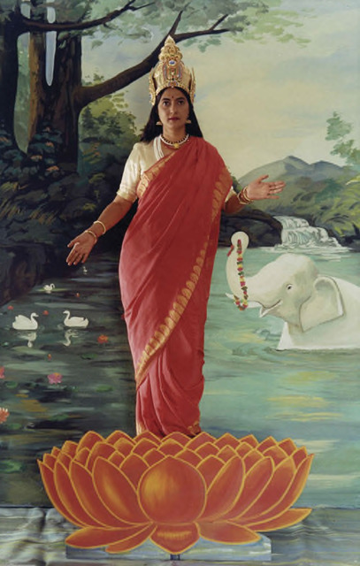Pushpamala N., ‘Lakshmi (after oleograph from Ravi Varma Press early 20th century)’. From the photo-performance project Native Women of South India: Manners and Customs, 2000-2004. Type C-print on metallic paper, 20 x 24 inches. Courtesy the artist and Bose Pacia, New York. Pushpamala N., ‘Lakshmi (after oleograph from Ravi Varma Press early 20th century)’. From the photo-performance project Native Women of South India: Manners and Customs, 2000-2004. Type C-print on metallic paper, 20 x 24 inches. Courtesy the artist and Bose Pacia, New York.