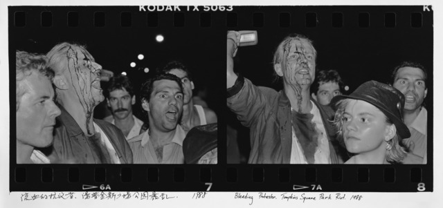 Fig. 9: Bleeding Protestor. Tompkins Square Park Riot, 1988 (2 contact sheet images). © Ai Weiwei, Courtesy of the artist and Chambers Fine Art Fig. 9: Bleeding Protestor. Tompkins Square Park Riot, 1988 (2 contact sheet images). © Ai Weiwei, Courtesy of the artist and Chambers Fine Art