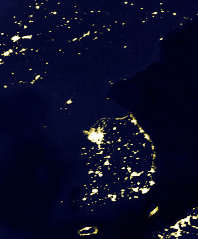 Satellite picture displaying the Korean peninsula at night, 23 October 2000, NASA: Visible Earth: Earth's City Lights, NASA. Public domain. Satellite picture displaying the Korean peninsula at night, 23 October 2000, NASA: Visible Earth: Earth's City Lights, NASA. Public domain.