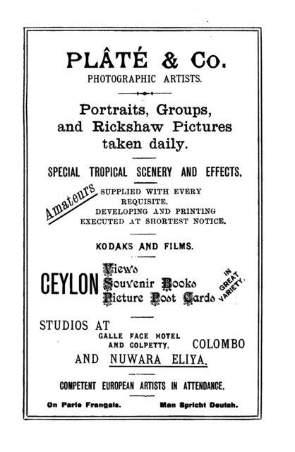 Fig. 4. Advertisement for Plâté & Co. in George J. A. Skeen, A Guide to Colombo: A Handbook of Information, Useful Alike to the Visitor and Resident. Fig. 4. Advertisement for Plâté & Co. in George J. A. Skeen, A Guide to Colombo: A Handbook of Information, Useful Alike to the Visitor and Resident.
