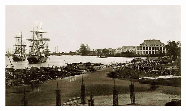 Fig. 7. Saigon Harbor. This image was later printed as an engraving in the book France Illustrated, (La France illustrée) (1884) by V.A. Malte-Brun and in an article by Dr. Albert Morice in Tour du Monde, 1875. 