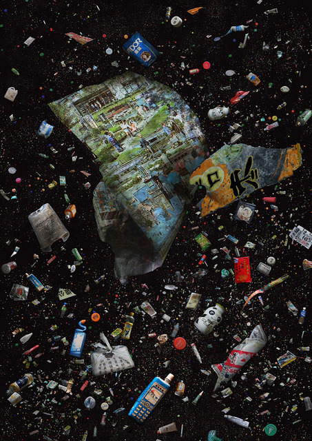 Soup (湯) Packet, waste packaging from single-use food, and drink items with household products, found alongside medical and hazardous waste. Includes; bottle tops and bottles, plastic gift wrap from Shenzhen’s miniature village, condoms, and an IV antibiotic bag. Collected from Tsing Lung Tau & Port Shelter Beach, 2012 and 2013, ©Mandy Barker, courtesy of the artist and WYNG Masters Award. Soup (湯) Packet, waste packaging from single-use food, and drink items with household products, found alongside medical and hazardous waste. Includes; bottle tops and bottles, plastic gift wrap from Shenzhen’s miniature village, condoms, and an IV antibiotic bag. Collected from Tsing Lung Tau & Port Shelter Beach, 2012 and 2013, ©Mandy Barker, courtesy of the artist and WYNG Masters Award.