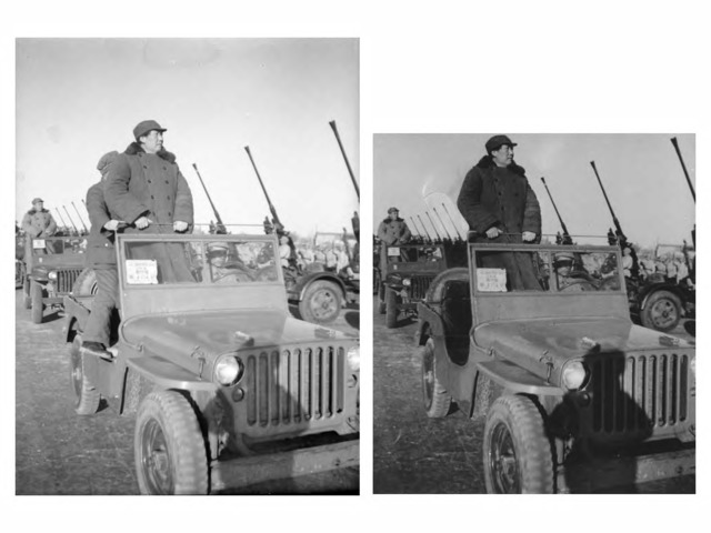 Fig. 2. Gao Fan, Mao Zedong and Zhu De in an Automobile during a Military Review at the Xiyuan Airport, 1949. The person standing next to Mao has been erased. 