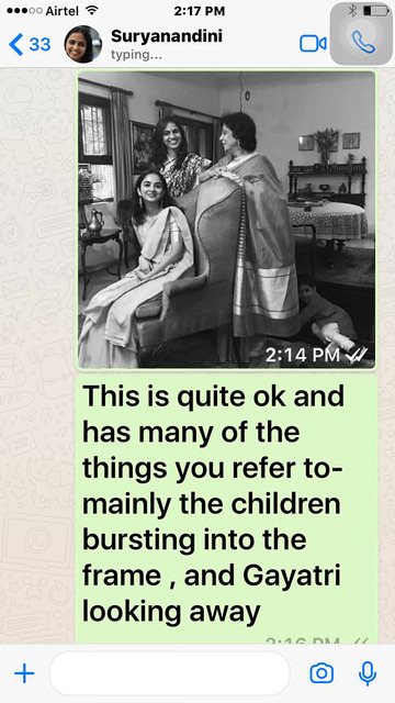 Fig. 1. Singh, Dayanita, view of test image of Sinha family portrait on WhatsApp, 2018, © Dayanita Singh, courtesy of Dayanita Singh. Fig. 1. Singh, Dayanita, view of test image of Sinha family portrait on WhatsApp, 2018, © Dayanita Singh, courtesy of Dayanita Singh.