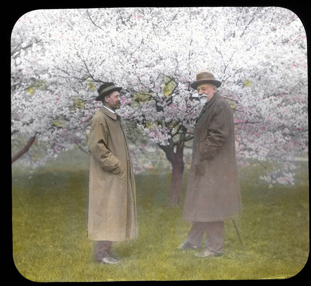 Fig. 1. Ames, Oakes, Charles S. Sargent (right) and Ernest H. Wilson in front of a Higan Cherry tree, 1915, hand tinted lantern slide, © 2003, President and Fellows of Harvard College; all rights reserved, courtesy of Arnold Arboretum Horticultural Library Historical Collections. Fig. 1. Ames, Oakes, Charles S. Sargent (right) and Ernest H. Wilson in front of a Higan Cherry tree, 1915, hand tinted lantern slide, © 2003, President and Fellows of Harvard College; all rights reserved, courtesy of Arnold Arboretum Horticultural Library Historical Collections.