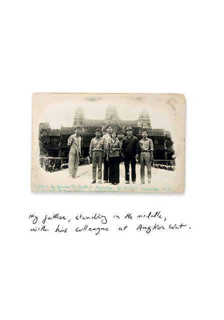 Fig. 7. Dimensions: 5.25 x 3.5 inches, 1967/1968. In this image, we see my father and his colleagues, the men in safari suits were probably divers and security. I think this was from when my father visited a branch of the Bank he worked for, Bank Khmer du Commerce (BKC). These images were and still are common practice, everyone did this – to most Khmers, Angkor Wat is something to be proud of. Fig. 7. Dimensions: 5.25 x 3.5 inches, 1967/1968. In this image, we see my father and his colleagues, the men in safari suits were probably divers and security. I think this was from when my father visited a branch of the Bank he worked for, Bank Khmer du Commerce (BKC). These images were and still are common practice, everyone did this – to most Khmers, Angkor Wat is something to be proud of.