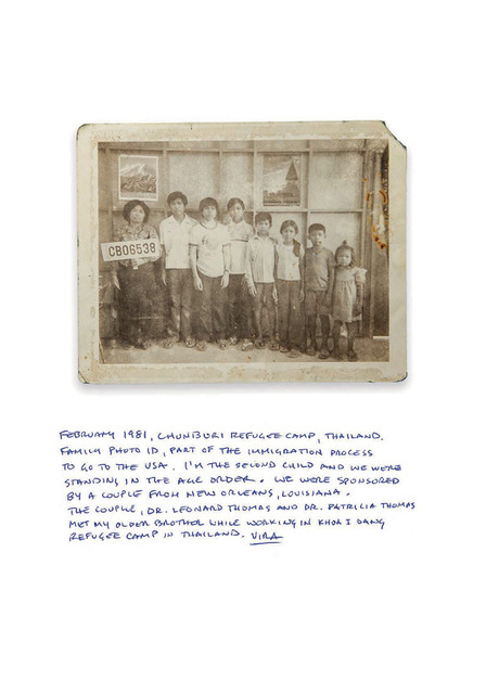Fig. 10. Dimensions: 3.4 x 4.2 inches, Early 1981. This was taken at Panasnikhom Chonburi Transit Centre (Thailand), this would have been made at the same time that we made the individual portrait, we had this group shot made first. When I look at it now I wonder why they chose this as the background and why they put the posters on the back? Were they trying to make the images a bit nicer? The staff were Thai workers who made the images and did the administration. In this camp we had no fear of the “Angkar” (Khmer Rouge) but in the border camps all the international staff left at night. We worried about attacks from across the border by the Khmer Rouge. When we first moved to the camp, there were just a few minor incidents caused by Khmer Rouge people. We heard there was a handful of Khmer Rouge in Khao-I-Dang. They didn’t feel safe there, so they eventually left the camp and moved to camp. Fig. 10. Dimensions: 3.4 x 4.2 inches, Early 1981. This was taken at Panasnikhom Chonburi Transit Centre (Thailand), this would have been made at the same time that we made the individual portrait, we had this group shot made first. When I look at it now I wonder why they chose this as the background and why they put the posters on the back? Were they trying to make the images a bit nicer? The staff were Thai workers who made the images and did the administration. In this camp we had no fear of the “Angkar” (Khmer Rouge) but in the border camps all the international staff left at night. We worried about attacks from across the border by the Khmer Rouge. When we first moved to the camp, there were just a few minor incidents caused by Khmer Rouge people. We heard there was a handful of Khmer Rouge in Khao-I-Dang. They didn’t feel safe there, so they eventually left the camp and moved to camp.