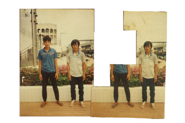 Fig. 7. A photograph of Nharn Nhov, on the left with a blue shirt, taken at a camp along the Cambodia-Thailand border in the 1980s. On the right his portrait has been cut to make a photo ID for a job application. In the 1980s, Cambodia’s situation was fragile, with most of the country’s territory controlled by Vietnamese troops while the Khmer Rouge occupied the Thai border zones. As Vietnam invaded and overthrew the Khmer Rouge in 1979, up to a million Cambodians fled the country and sought shelter along the borders with Thailand and Vietnam, before seeking asylum elsewhere. In this transition period, photography, and especially photo ID services, were not available, and that compelled the young Nharm to duplicate a pre-existing photograph (in Thailand, before he returned to the camp) and then dismember it for his photo ID. Re-photographed by Sokphea Young. Fig. 7. A photograph of Nharn Nhov, on the left with a blue shirt, taken at a camp along the Cambodia-Thailand border in the 1980s. On the right his portrait has been cut to make a photo ID for a job application. In the 1980s, Cambodia’s situation was fragile, with most of the country’s territory controlled by Vietnamese troops while the Khmer Rouge occupied the Thai border zones. As Vietnam invaded and overthrew the Khmer Rouge in 1979, up to a million Cambodians fled the country and sought shelter along the borders with Thailand and Vietnam, before seeking asylum elsewhere. In this transition period, photography, and especially photo ID services, were not available, and that compelled the young Nharm to duplicate a pre-existing photograph (in Thailand, before he returned to the camp) and then dismember it for his photo ID. Re-photographed by Sokphea Young.