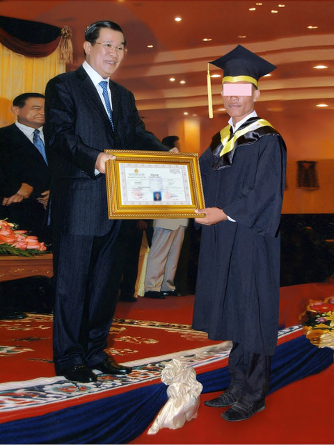 Fig. 9. A Photoshopped image of a graduate with Hun Sen, the Prime Minister of Cambodia. Believing that being photographed in the presence of a powerful figure would bring fortune and facilitate a flow of power, many Cambodians desire such images. In an official event or ceremony like graduation, not many students are fortunate enough to be photographed with the Premier, unless they get the highest score or are recommended by the university rector or chancellor. This poor graduate paid a photographer to Photoshop himself with Hun Sen. A photograph like this would be displayed at the home or office to show to relatives and friends one’s indexical connection to power. Re-photographed by Sokphea Young. Fig. 9. A Photoshopped image of a graduate with Hun Sen, the Prime Minister of Cambodia. Believing that being photographed in the presence of a powerful figure would bring fortune and facilitate a flow of power, many Cambodians desire such images. In an official event or ceremony like graduation, not many students are fortunate enough to be photographed with the Premier, unless they get the highest score or are recommended by the university rector or chancellor. This poor graduate paid a photographer to Photoshop himself with Hun Sen. A photograph like this would be displayed at the home or office to show to relatives and friends one’s indexical connection to power. Re-photographed by Sokphea Young.