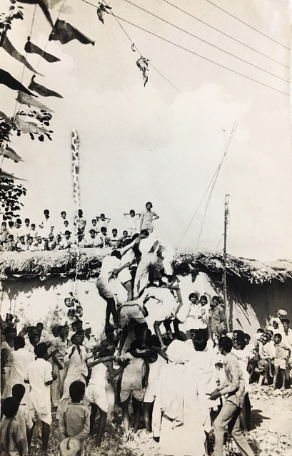 Fig. 15. King Cobra appearing during Tejas Dasmi, September 1977, central India. Tejas Dasmi (“bright tenth [lunar day]”) is a festival celebrating the pastoral deity Tejaji, who, through the allied figure of Nag Maharaj (King Cobra), provides protection from snakebites. In 1977, at least, the festival also involved a matki phod, a human tower associated with mythology concerning Krishna in his guise as the makhan chor (butter thief). Photographs carefully preserved in a village album by a leading Jain document villagers congregating around the shrine after the procession circumambulating the village. Re-photographed by Christopher Pinney.