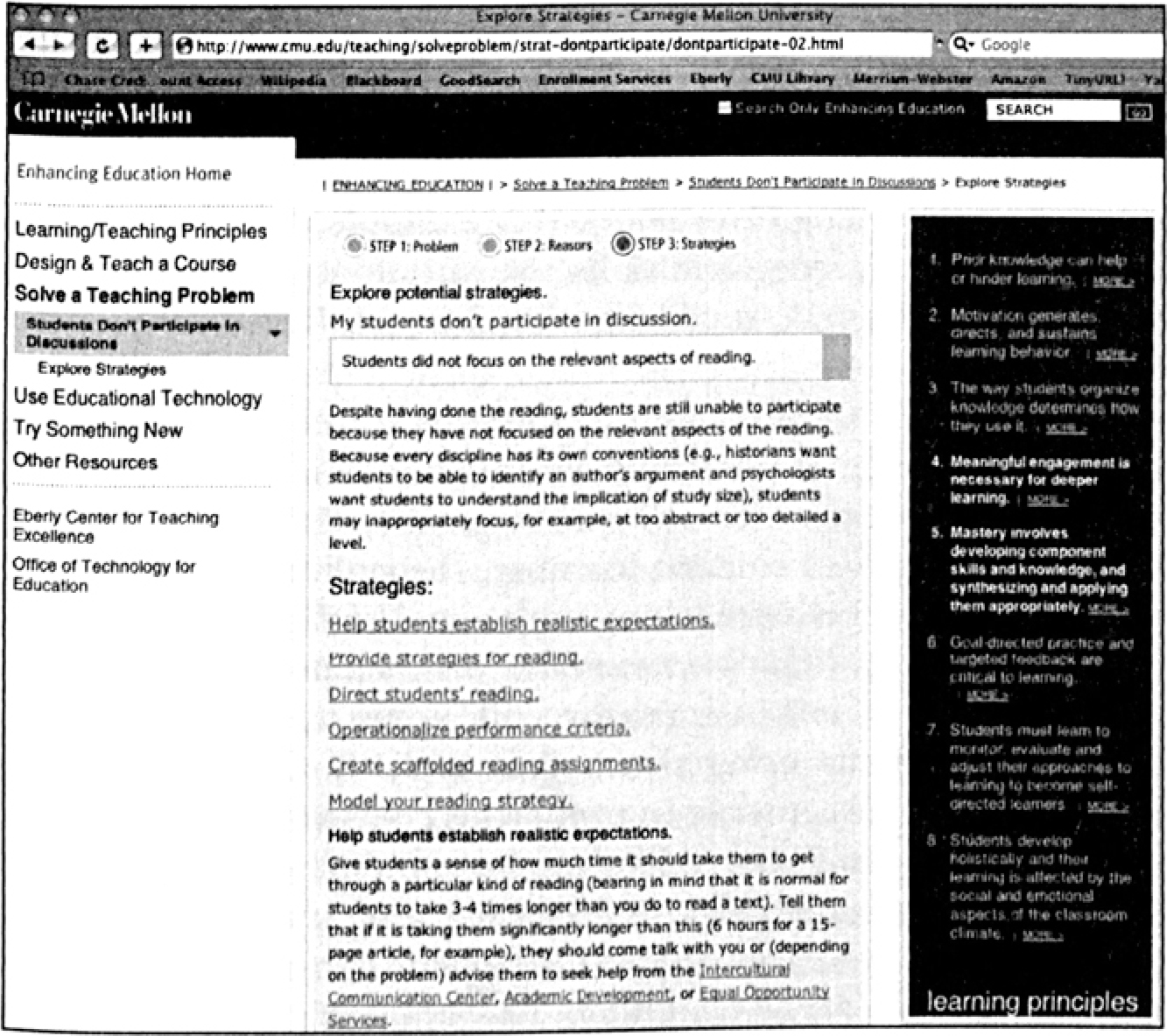 Figure 10.5. Screenshot of Possible Strategies with Explanations and Relevant Learning Principles (page scrolls down) Figure 10.5. Screenshot of Possible Strategies with Explanations and Relevant Learning Principles (page scrolls down)