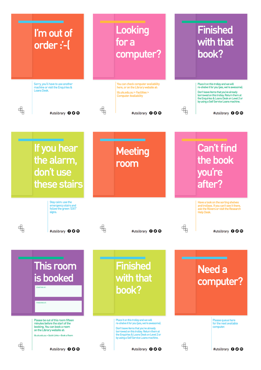 Figure 3. A selection of new signs implemented with a consistent visual style, brief messages, and colors corresponding to the floor. Figure 3. A selection of new signs implemented with a consistent visual style, brief messages, and colors corresponding to the floor.