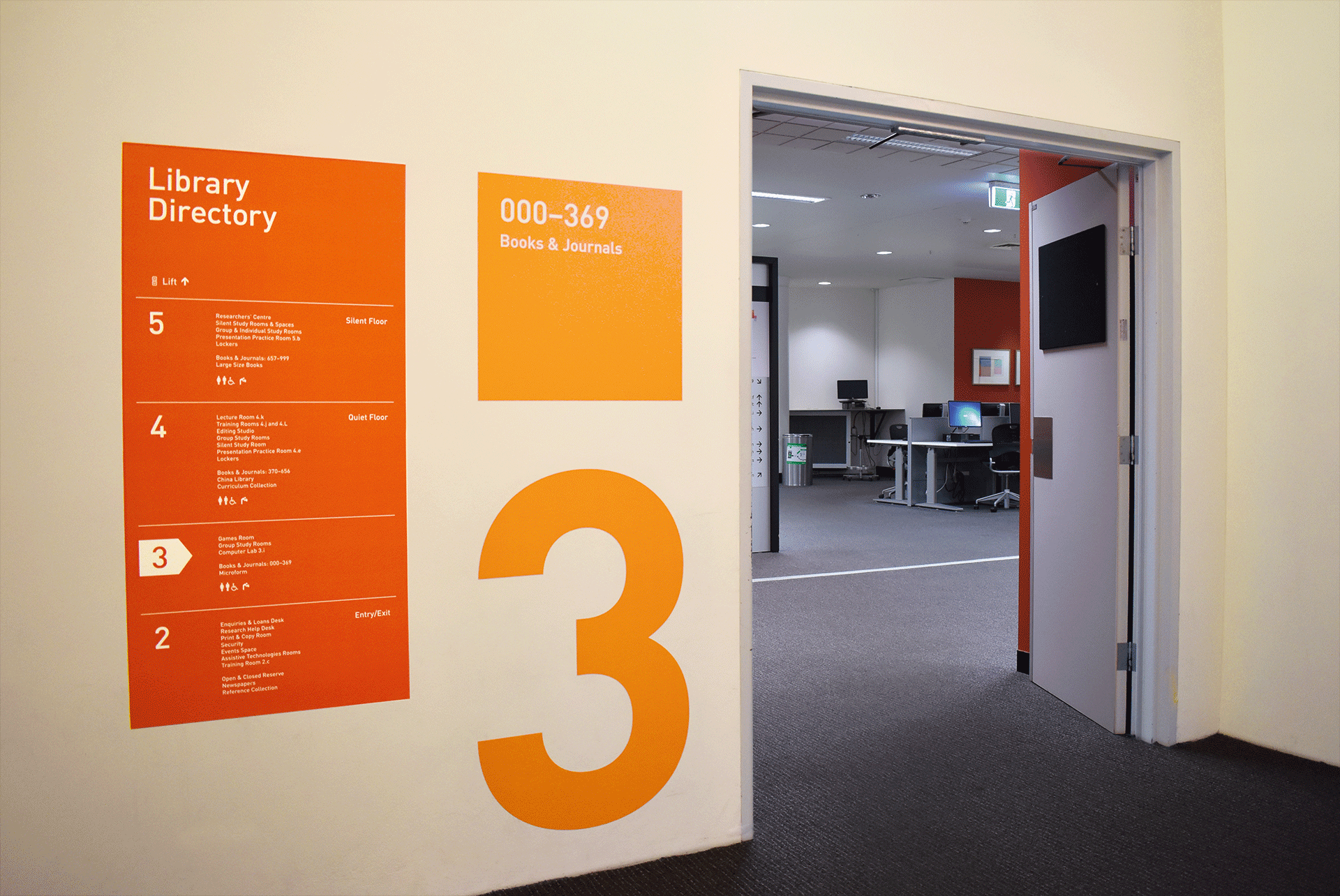 Figure 7. The library directory is prominently visible on each floor. Floors are assigned different colors and call number ranges are clearly labeled. Figure 7. The library directory is prominently visible on each floor. Floors are assigned different colors and call number ranges are clearly labeled.