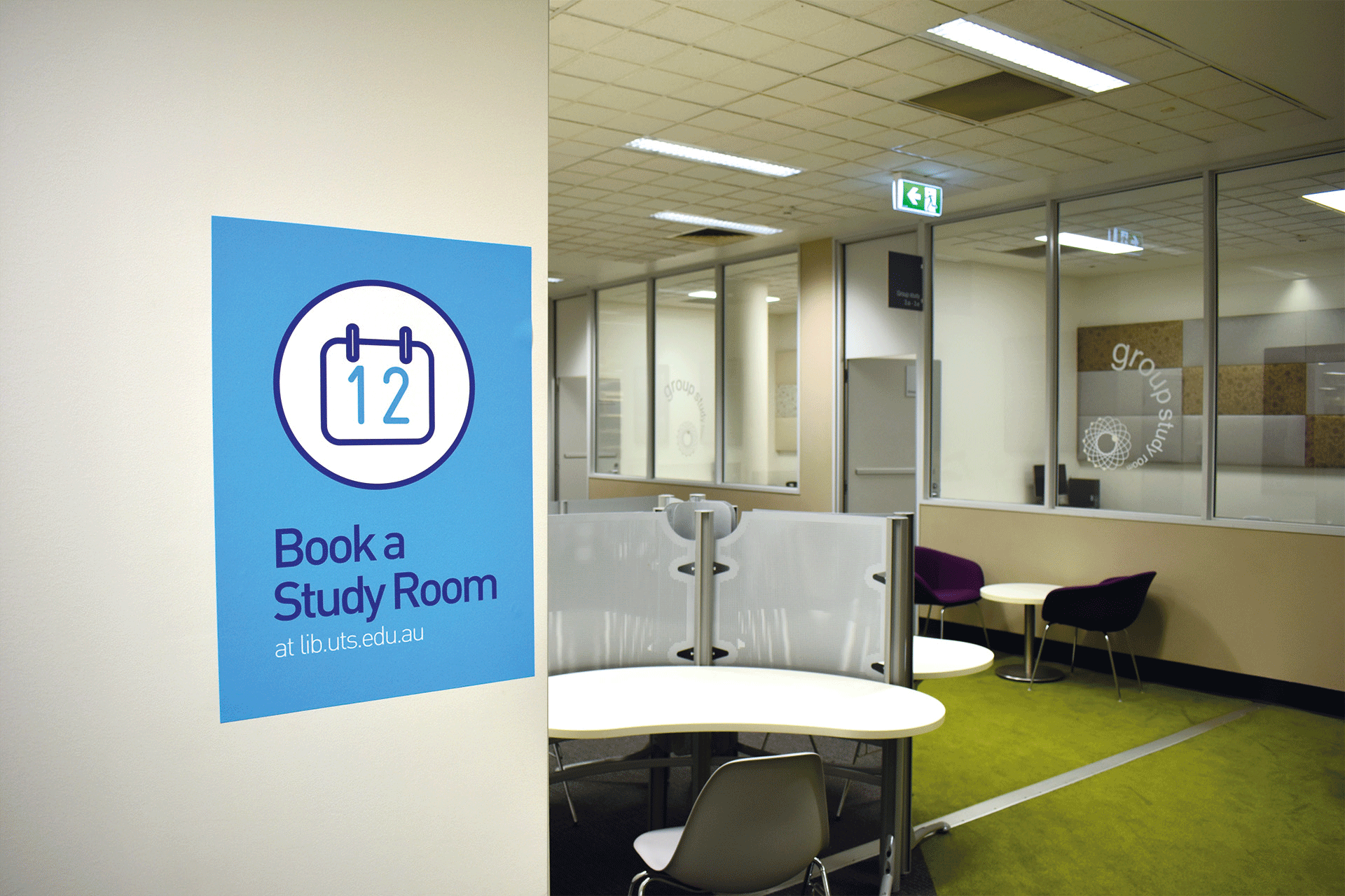 Figure 15. Informational sign close to the group study rooms, which is placed at a bump point where users might be wondering whether they can book a study room. Figure 15. Informational sign close to the group study rooms, which is placed at a bump point where users might be wondering whether they can book a study room.