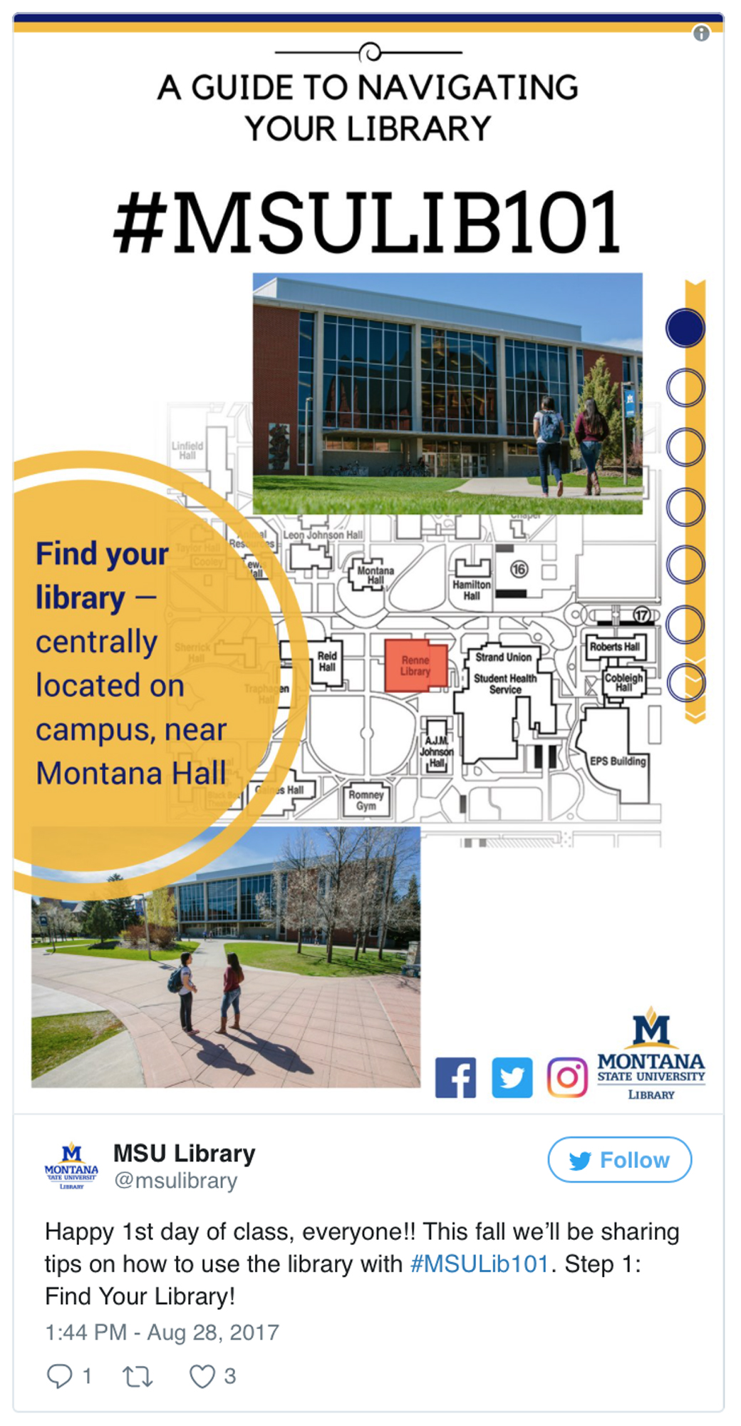 Figure 12. A Twitter post from Montana State University Library, showing the #MSULib101 social media campaign connected to the UXUP poster series.