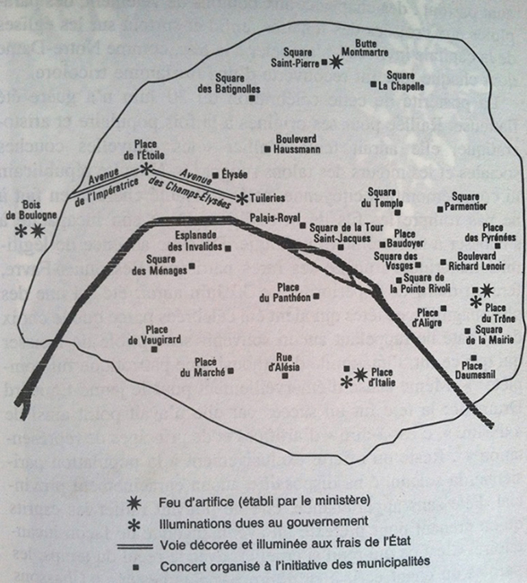 Figure 5. “Fête of 30 June, 1878: Geographic Distribution of Major Events,” in La fête républicain, (Paris: Gallimard, 1996), 109. Image used courtesy of Olivier Ihl. Figure 5. “Fête of 30 June, 1878: Geographic Distribution of Major Events,” in La fête républicain, (Paris: Gallimard, 1996), 109. Image used courtesy of Olivier Ihl.